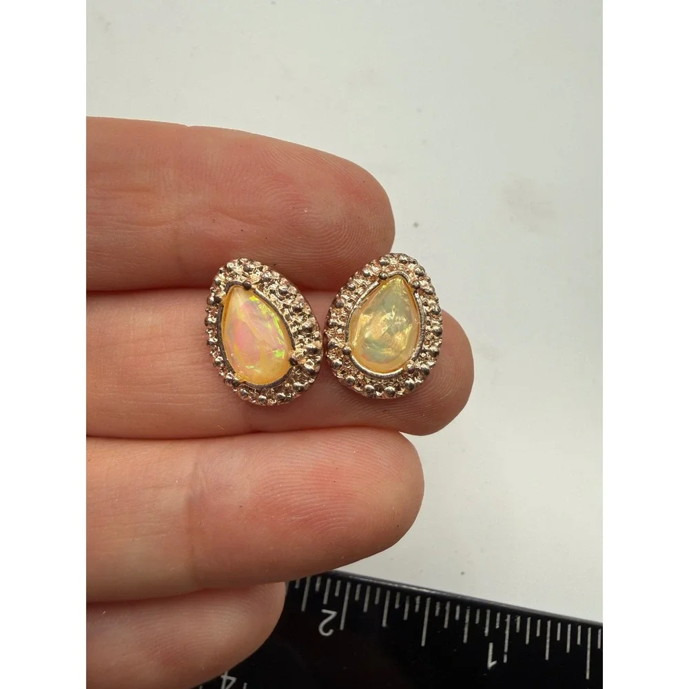 Gold‎ Tone Faux Fire Opal Teardrop Stud Earrings Beaded Halo Vintage Style